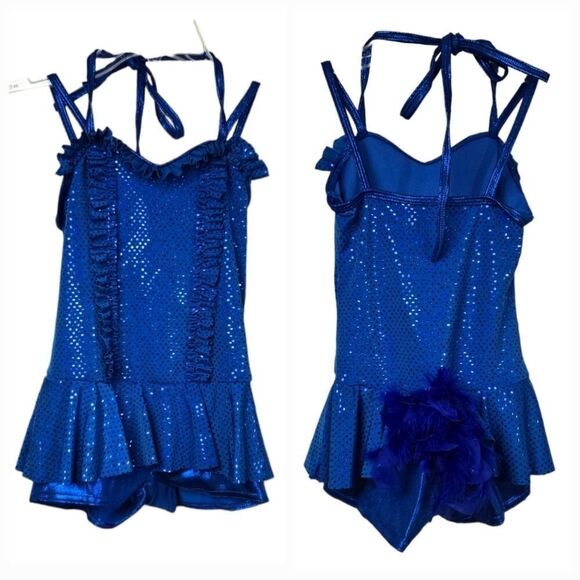 Girls Blue Sequin Ruffle Biketard Sleeveless Leotard Dance Costume Small Feather - Picture 3 of 11